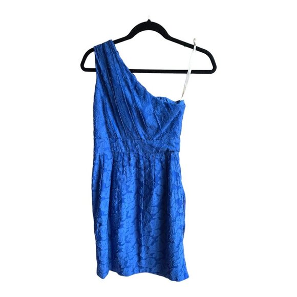 Shoshanna Size 2 Royal Blue Silk One Shoulder Burn Out Lace Floral Dress - Picture 5 of 7